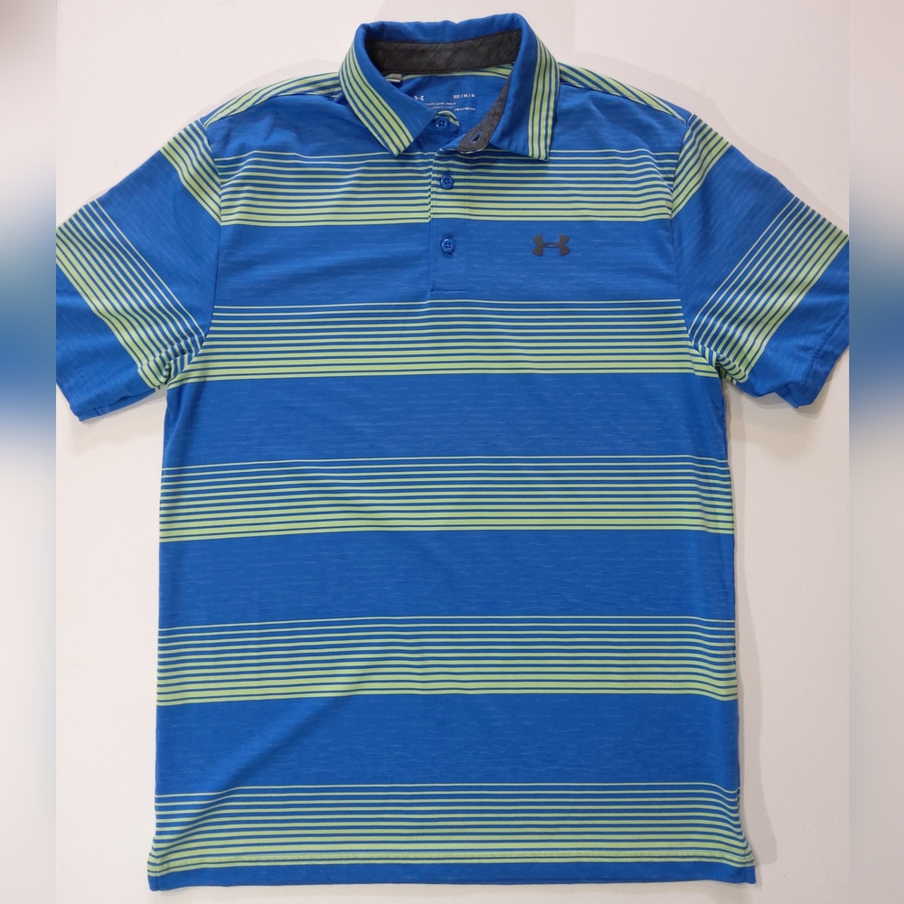 Under Armour Mens Heatgear Polo Shirt Size Medium Loose Fit Blue Yellow Stripe